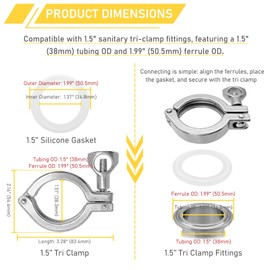 RIXIGOOD 1.5 Inch Tri Clamp Heavy Duty with Silicone Gasket 1.5" Single Pin Tri-Clamp 304 Stainless Steel Sanitary TC Fittings Industrial Quick Connect Clamps 2PCS