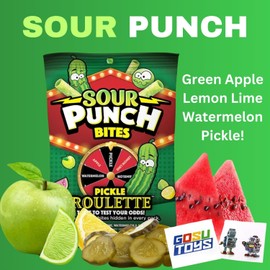Sour Punch Bites Pickle Roulette - Candy Game with Assorted Flavors: Watermelon, Lemon Lime, Green Apple, Hidden Pickle Bites - 5 Ounces bag (Pack of 3) with two Gosu Toys stickers