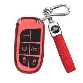 QBUC for Jeep Key Fob Cover Case with Keychain for Jeep Grand Cherokee Renegade Compass Dodge Journey Durango Challenger Charger Dart RAM Fiat Chrysler 200 300 Smart Remote (Red)