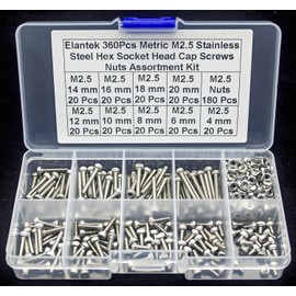 Elantek 360Pcs Metric M2.5 304-Stainless Steel Hex Socket Head Cap Screws Nuts Assortment Kit-M2.5 x 4mm/ 6mm/ 8mm/ 10mm/ 12mm/ 14mm/ 16mm/ 18mm/ 20mm