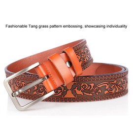 PACDE Cowboy Flower Embossed Leather Men Belt Flower Carved Leather Belt for Mens With Jeans Causal Pants (Camel,for40-41" waist size)