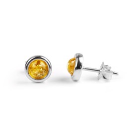 Natural Gemstone Sterling Silver Simple Minimalist Round Stud Earrings, Silver, Yellow Amber
