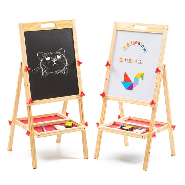 BLADO Wooden Easel for Kids, 2 in 1 Whiteboard & Blackboard for Kids, Art Easel Chalk boards for Children, Learning Drawing Board Easel for Toddlers, 54pc Magnetic Alphabets & Numbers Included (89 CM)