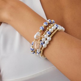 Gold Pearl Beaded Cross Bracelets for Women Stretch Boho Beads Shell Heart Virgin Mary Bracelets Religious Stackable Jewelry Gift (Gold Tone Cross Medal)