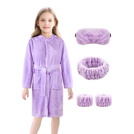 ALHAVONE Girls Boys Fleece Robe Bathrobe with Eyemask Hairband Wrist Towels Kids Soft Lightweight Plush Hooded Robe (Solid-Light purple, 6)