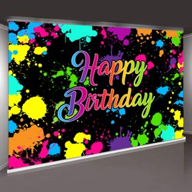 Withu Glow Neon Happy Birthday Backdrop Glow in The Dark Colorful Graffiti Splash Paint Splatter Banner Blacklight Crazy Bday Party Photo Background Decorations 7x5ft