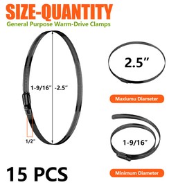 BOTTEN 15pcs Hose Clamp,1-9/16" - 2.5"(40-63mm)304 Stainless Steel Adjustable Worm Gear Black Hose Clamp Assortment Kit,radiator hose clamps fuel line clamps for Plumbing