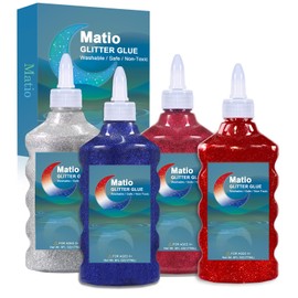 Matio 4th of July Glitter Glue, 4 Pack Glitter Liquid Glue Non-Toxic Washable 6 FL OZ Each Bottle Craft Glitter Glue Gel Pen for DIY Craft, Slime, Painting Art,Olympics Decor(Red,Blue,Silver,Wine Red)