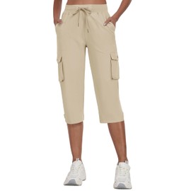 MoFiz Womens Capris with Pockets Loose Fit Casual Capri Pants Lightweight Ladies Cargo Pants for Hiking Khaki L