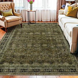 WITSHOCK Olive 7x9 Area Rugs for Living Room: Boho Modern Vintage Traditional Oriental Neutral, Washable Low Pile Non-Slip Carpet for Living Room Bedroom, Nursery Kids Playroom Indoor Decor