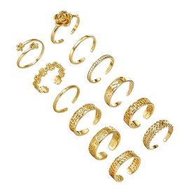 TOPBRIGHT 12PCS Toe Rings for Women - 14K Gold Filled With CZ, Adjustable Open Band Rings, Flower Design Dainty，Summer Beach Foot Jewelry Set for Women