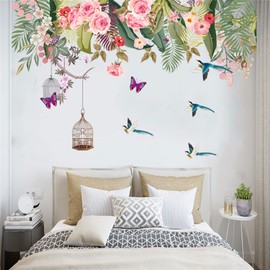 WOHAHA Wall Sticker, Stylish, Plant, Flower, Wall Sticker, Green, Scenery, Peony, Butterfly, Bird, Wall Sticker, Magpie, Bird, Bird, Wallpaper Sticker, Removable, Stylish, Scandinavian Leaves,