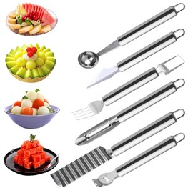 6 Pcs Stainless Steel Fruit Carving Knife Set, Kitchen Fruit Carving Knife, Watermelon and Ice Cream Scoop, 2-in-1 Dig Pulp Separator Fruit Peeling Tool, Crinkle Knife and Lemon Zester Grater