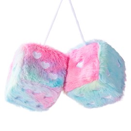 Heart Embroidered Colorful Fuzzy Plush Dice - 3-Inch Decorative Car Mirror Hanging Ornaments, Soft Foam, Easy Install, Great Gift Idea (Rainbow)
