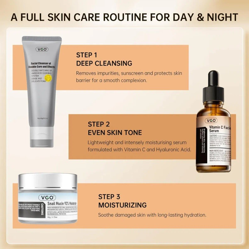 Vgo Set Facial 3 Pasos: Limpieza, Suero Vitamina C, Crema