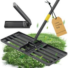 Lawn Leveling Rake 30”x10”, Heavy Duty Metal Lawn Leveler with 65” Adjustable Handle, Multi-use Yard Leveling Rake for Soil, Dirt, Sand, Compost, Folding Lawn Leveling Tool
