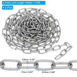 PATIKIL 2 Pcs 3.28FT x 1/3" x 0.08" 304 Stainless Steel Link Chain Link Proof Coil Chain