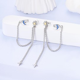 NARMO 925 Sterling Silver Earrings Moon Sun Tassels Ear Clip Stud Earrings for Women