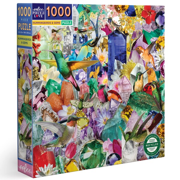 eeBoo: Piece and Love Hummingbirds and Gems 1000 Piece Square Adult Jigsaw Puzzle, 23" x 23" When Completed, Sturdy Puzzle Pieces, For Ages 14 and up