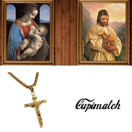 Cupimatch Mens Stainless Steel Jesus Christ Crucified Cross Pendant Necklace Chain Golden (Gold)
