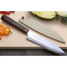 Yoshihiro VG-10 46 Layers Hammered Damascus Gyuto Japanese Chefs Knife (Octagonal Shitan Rosewood Handle) (7'' (180mm))
