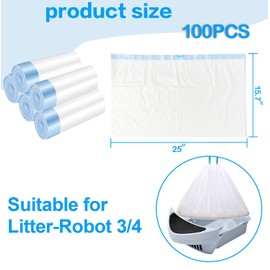 Ferypet Cat Litter Bags with Drawstring 100 Count, 10-12 Gallons of Capacity eplacement Waste Bags for Litter Box Robot 3/4 Waste Drawer Liners-25" x 15.7"