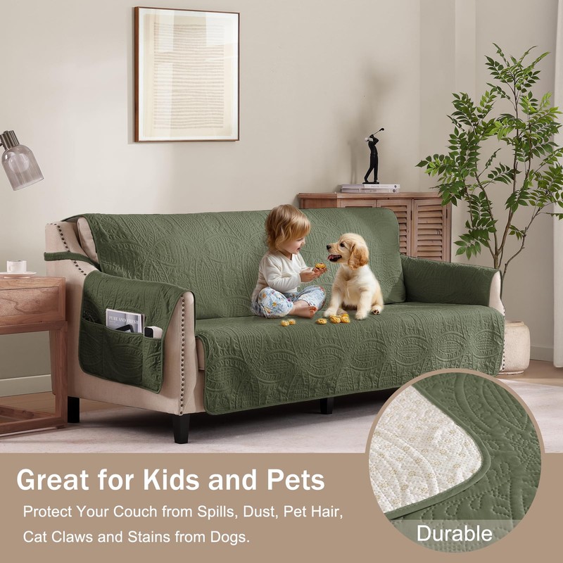 Quilted Olive Green Sofa Slipcovers with Pockets, Anti-Slip Medallion Couch