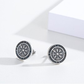 Viking Shield Helm of Awe Compass Earrings 925 Sterling Silver Runic Circle Ancient Norse Mythology Protection Amulet Stud Earrings Pagan Nordic Jewelry Gift for Men Women, Sterling Silver, No