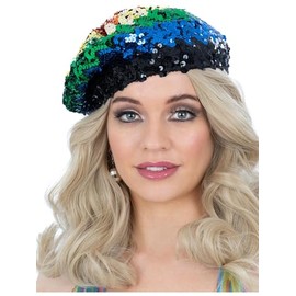 Smiffys Sequin Beret, Rainbow, 1970's Disco Fancy Dress, 1970s Disco Dress Up Hats