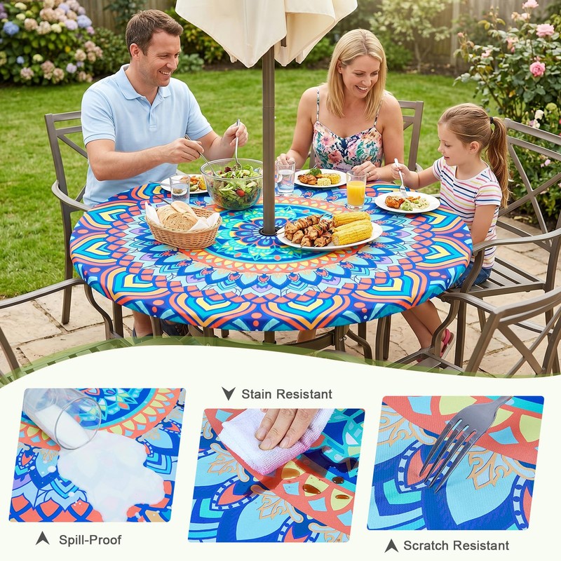 pickyNproud Round Tablecloth with Umbrella Hole and Zipper, Waterproof Wipeable