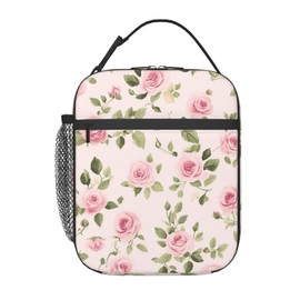amepay Pink Rose Polyester Lunch Box for Kids Teen,Floral Reusable Thermal Lunch Bag for Adult Women,Flower Insulated Tote Cooler Bags for School, Work, Picnic,Travel