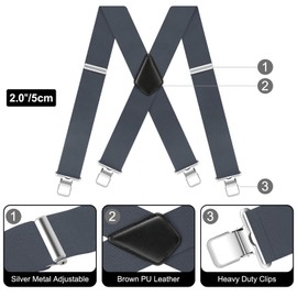 Men's Suspender Heavy Duty for Men Grey Braces Adjustable with 4 Clips 2 inch Wide High Elastic X Style Suspenders For Men