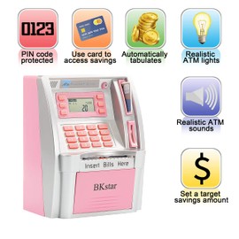 BKstar Pink ATM Piggy Bank for Real Money for Kids/Girls with Power-Off Memory, Debit Card, Onekey Shutdown, Coin Recognition, Target Setting, Bill Feeder, Balance Calculator, Savings Machine Box
