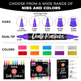 Liquid Chalk Markers (10 Pack) with Gold & Silver - Fine Tip Dry Erase Marker Pens for Blackboard, Windows, Chalkboard Signs, Bistro - 3mm Reversible Tip