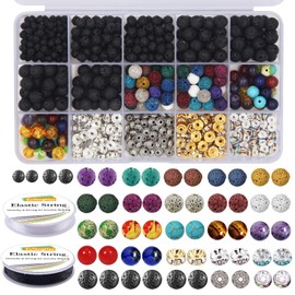 EuTengHao 602 Pieces Lava Bead Stones Set with 8mm Chakra Beads and Spacers, Elastic Band for Diffuse Essential Oils for Adults, DIY Jewelry Making, 602 Pieces