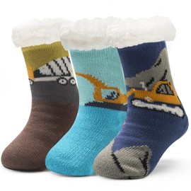 3 Pairs Children's Thick Winter Socks Boys House Socks Girls Floor Socks Children Non-Slip Socks Boys Warm Cuddly Socks Children 23-26/3-5 Years, mix tractor