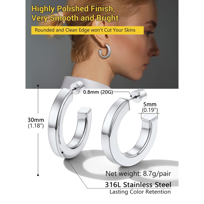 Open Hoop Earrings for Women Thick Chunky Hypoallergenic 30MM Silver