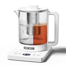 Electric Tea Kettle with Infuser, 1.5L Glass Water Boiler with Temperature Control, 24H Keep Warm & Auto Shut-Off, White