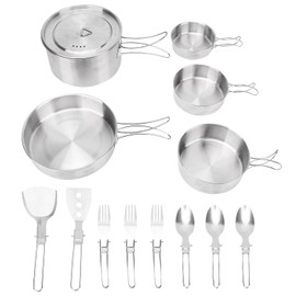 Aomiun 13 Piece Camping Cookware Set Stainless Steel Pots and Pans Set with Folding Forks Spoons Spatulas, Portable Lightweight Camping Mess Kit for Backpacking, Outdoor Cooking