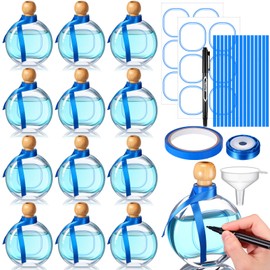 Baderke 12 Pcs 5 oz/ 150 ml Don Julio Tequila Bottles with Cork and Straw Mini Empty Flat Patron Bottles Reusable Tiny Liquor Jar Shot Glass with Blue Silk Ribbon for Wedding Party Decoration