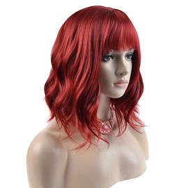 BERON 14 Inches Wine Red Wig Short Curly Wig Women Girl's Synthetic Wig Short Red Wig with Bangs Wig Cap Included