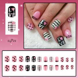 24Pcs Valentine's Press on Nails Short Square with Pink Heart Black White Line Fake Nails Valentine's Small Heart Glue on Nails Full Cover Glossy Cute False Nails Stick on Nails for Women Girls