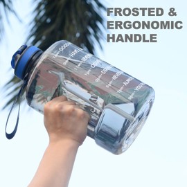 SLUXKE Gallon Water Bottle with Time Marker and Handle BPA Free, 128oz Leak Proof Sports Water Bottle with Straw, One Click Open Sports Bottle Jug for Camping Yoga Sports Gray