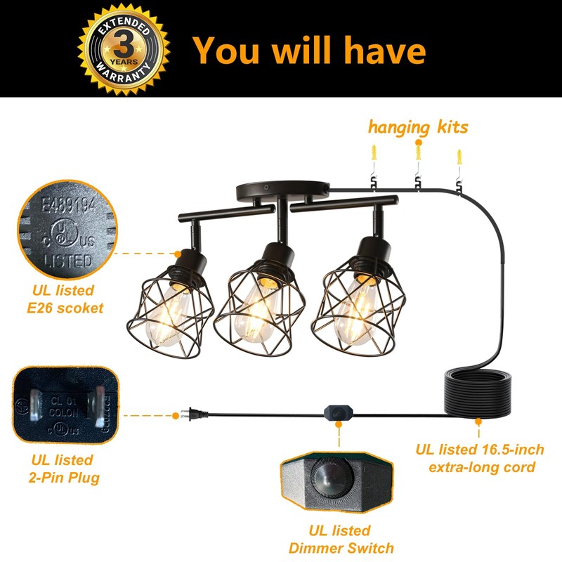 vivihobb Dimmable Black Plug in Track Lighting Kit,3 Light Plug