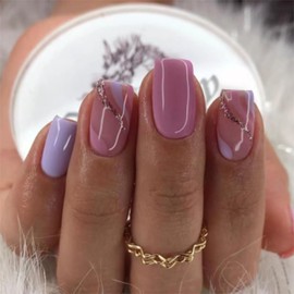 Square Press on Nails Short Fake Nails Glitter with Wave Design Violet Acrylic Full Cover False Nails Artificial Nails Glossy Glue on Nails Stick on Nails for Women Girls Art Nails 24Pcs