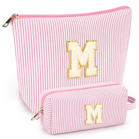 mibasies 2 PCS Initial Makeup Bags: Mothers Day Gifts for Women - Best Friend Birthday Gifts Graduation Gifts Wedding Bridesmaid Girlfriend Wife Daughter Sister Girl Gifts - Light Pink M