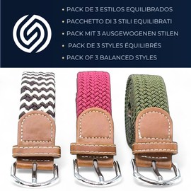 SEGMENTES Elastic Braided Belt, Set of 3 Extendable Belts for Women or Men, One Size Fits Belt, Suit Belt or Casual Belt, Length 110cm to 140cm, Garnet, Green, White/Brown, 110