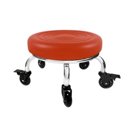Heavy Duty Rolling Stool with Wheels IMMER LIEBEN PU Leather Low Roller Seat for Adult Child Home Shop Garage Kitchen for Pottery Making Modern Round Orange