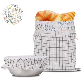 Reusable Sourdough Bread Bags with Linen Proofing Bowl Cover Set - Premium Linen and Beeswax Bags to Keep Homemade Bread Fresh(White Grid)