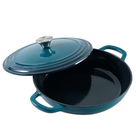 Flavehc Braiser Enameled Cast Iron Braiser 3 qt Braiser Pan with Lid DarkCyan Shallow Cast Iron Casserole Braiser Pan with Handels